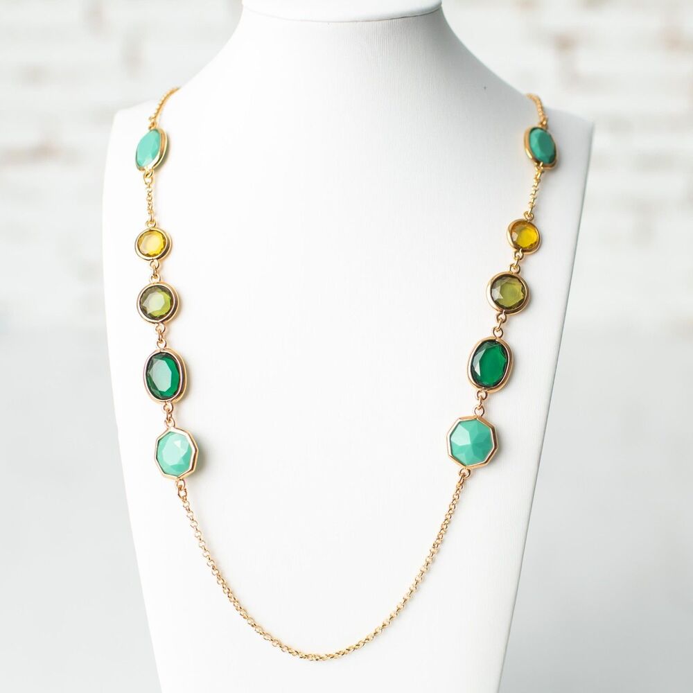 Vintage Nolan Miller Gold Tone Green Bezel Faceted Crystal Station Necklace 17"